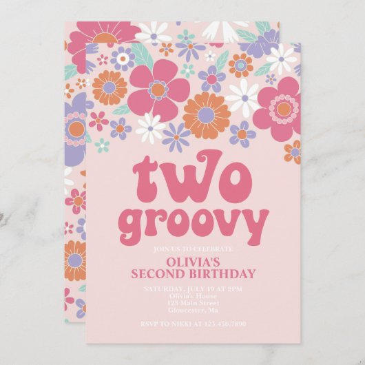 Invitation rétro funky fleurs roses (Devant / Derrière)