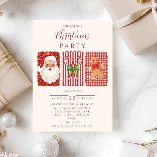 Invitation Retro Gingham Santa Gingerbread Christmas