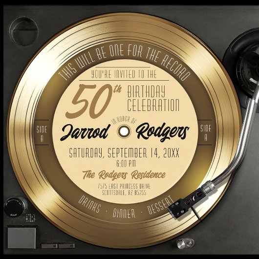 Invitation Retro Gold Black Vinyl Record 50e fête d'anniversa