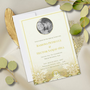 Invitation Retro Gold Green Damask 1 Mariage photo