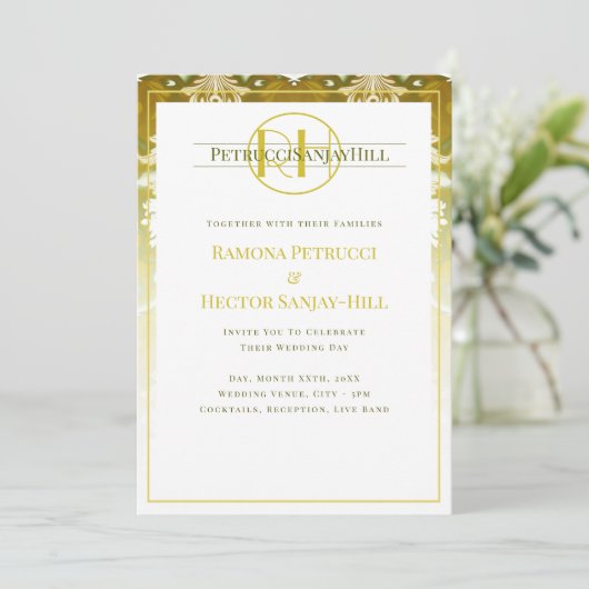 Invitation Retro Gold Green Mariage damassé (Debout devant)