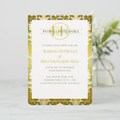 Invitation Retro Gold Green Mariage damassé (Debout devant)