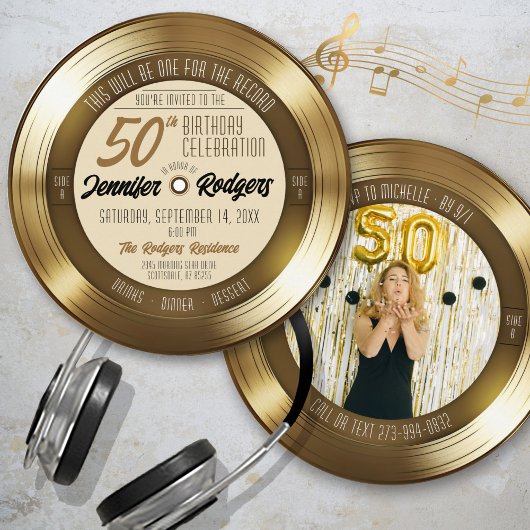 Invitation Retro Gold Vinyl Record Photo 50th Birthday Party