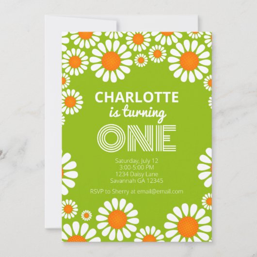 Invitation Retro Green et Orange Daisy Premier anniversaire (Devant)