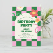 Invitation Retro Green Pink Checker 21e fête d'anniversaire (Debout devant)