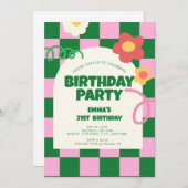 Invitation Retro Green Pink Checker 21e fête d'anniversaire (Devant / Derrière)