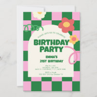 Retro Green Pink Checker 21e fête d'anniversaire