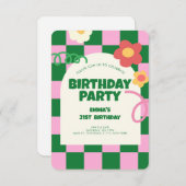 Invitation Retro Green Pink Checker Motif fête d'anniversaire (Devant / Derrière)