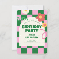 Retro Green Pink Checker Motif fête d'anniversaire