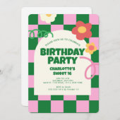Invitation Retro Green Pink Checker Sweet 16 fête d'anniversa (Devant / Derrière)