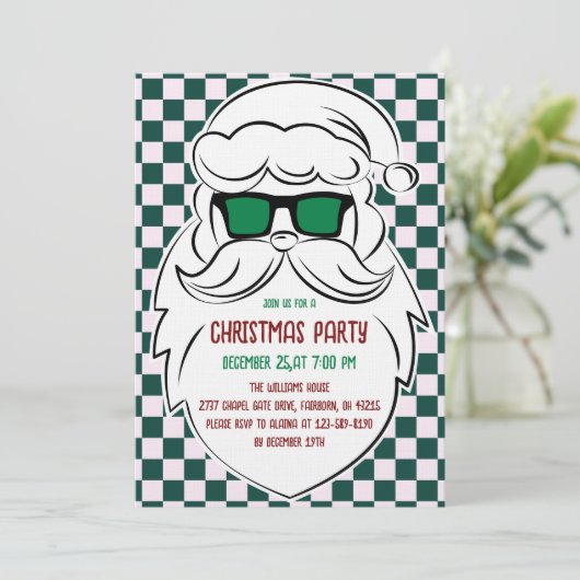 Invitation Retro Green Pink Checkered Santa Claus Christmas  (Debout devant)