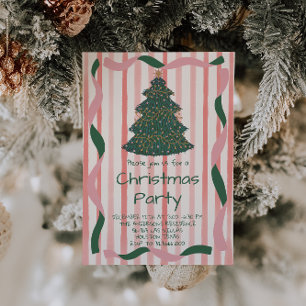 Invitation Retro Green Pink main tiré Fête de l'arbre de Noël