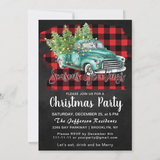 Invitation Retro Green Truck Buffalo Plaid Christmas Party (Devant)