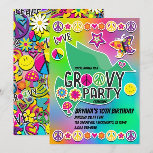 Invitation Retro Groovy FUN Anniversaire 60's Soixante Love P (Devant / Derrière)