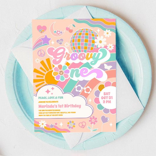 Invitation rétro Groovy One pour 1er anniversaire