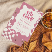 Invitation Retro Groovy Pink Checkered Oh Girl Baby Shower