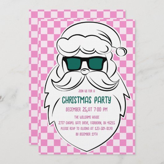 Invitation Retro Groovy Pink Checkered Santa Claus Christmas (Devant / Derrière)