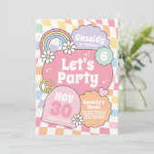 Invitation Retro Groovy Rainbow Checker Girl Birthday (Debout devant)