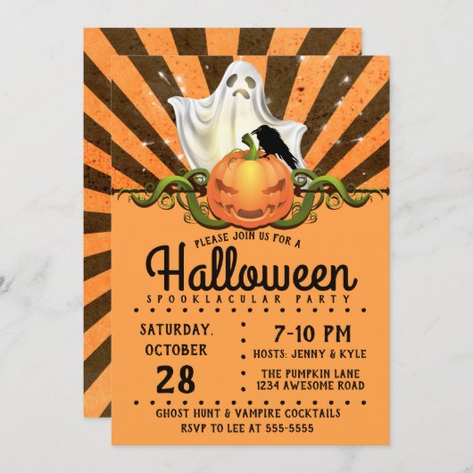 Invitation Retro Halloween Rays, Jack olantern Fantôme (Devant / Derrière)