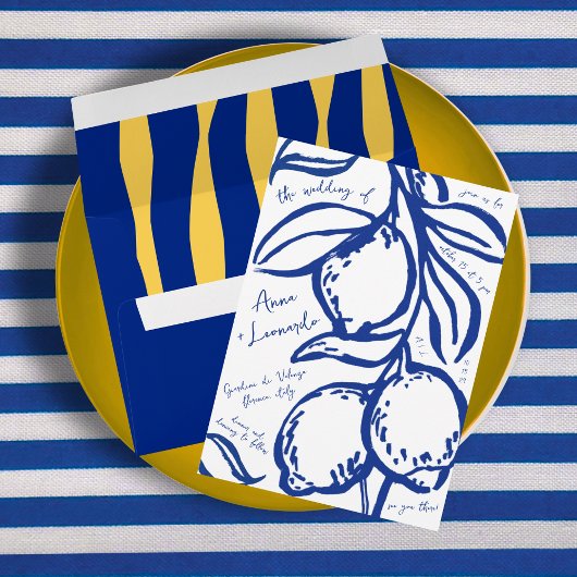 Invitation Retro Hand Drawn Handwritten Blue Italian Wedding