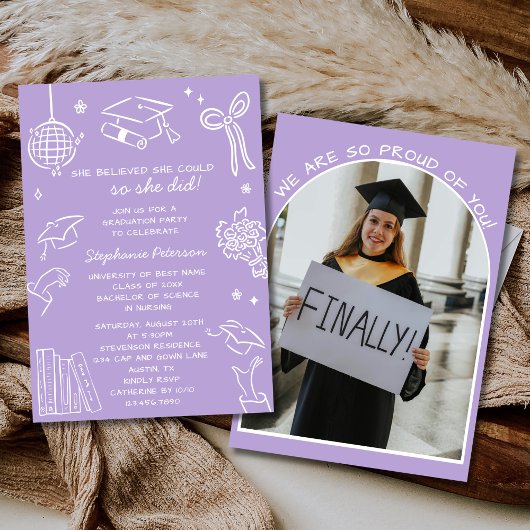 Invitation Retro Hand Drawn Lavender Doodle Photo Graduation