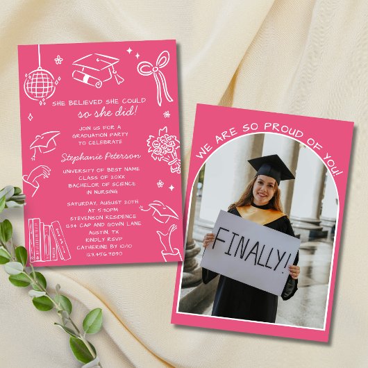 Invitation Retro Hand Drawn Pink Doodle Photo Graduation
