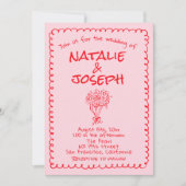 Invitation Retro Hand Drawn Pink Red Funky Wedding (Devant)