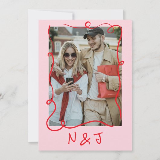 Invitation Retro Hand Drawn Pink Red Funky Wedding (Dos)