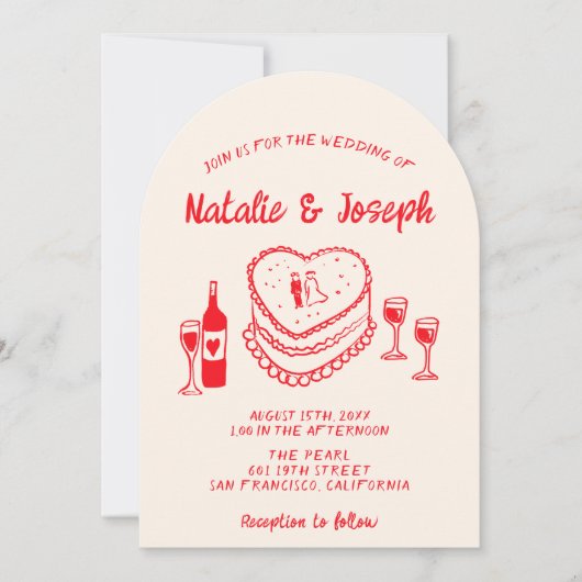 Invitation Retro Hand Drawn Red Cake Modern Arched Wedding (Devant)