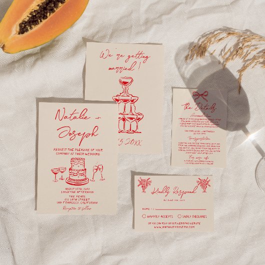 Invitation Retro Hand Drawn Red Cake Quirky Unique Wedding