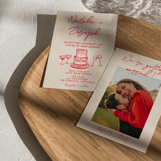 Invitation Retro Hand Drawn Red Cake Unique Photo Wedding