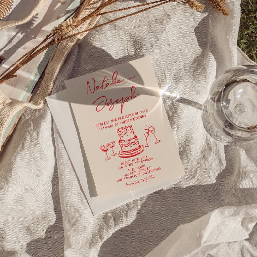 Invitation Retro Hand Drawn Red Cake Unique QR Code Wedding