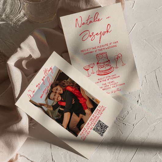 Invitation Retro Hand Drawn Red Unique QR Code Photo  Wedding