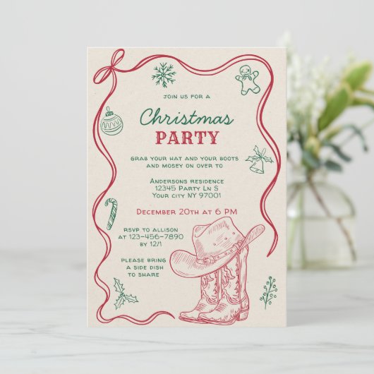 Invitation Retro Hand Drawn Western Cowboy Christmas Party (Debout devant)