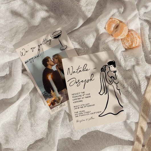 Invitation Retro Hand Drawn Written Couple Photo Wedding