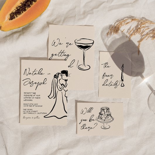 Invitation Retro Hand Drawn Written Couple Quirky Wedding