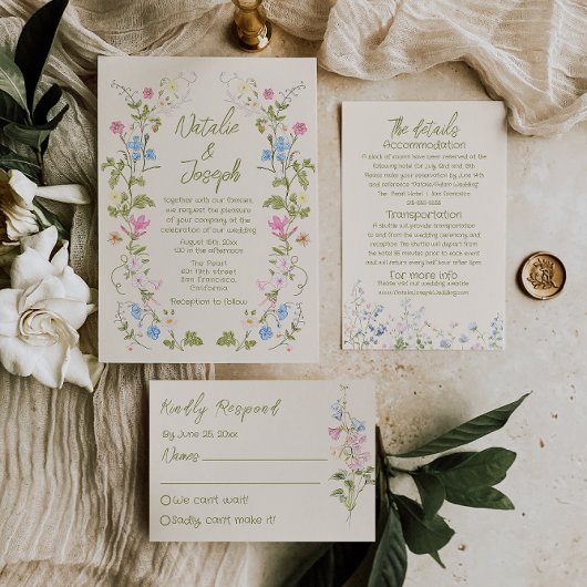 Invitation Retro Hand Written Drawn Floral Summer Wedding