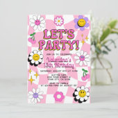 Invitation Retro Happy Smile Face Rose À damiers Anniversaire (Debout devant)