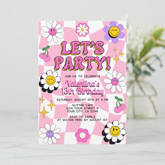 Invitation Retro Happy Smile Face Rose À damiers Anniversaire (Debout devant)