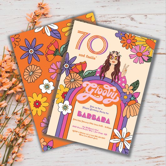 Invitation Retro Hippie Girl 70's 60's fête d'anniversaire Su