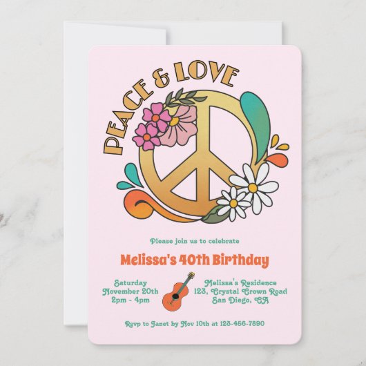 Invitation Retro Hippie Paix & Amour Floral Anniversaire (Devant)