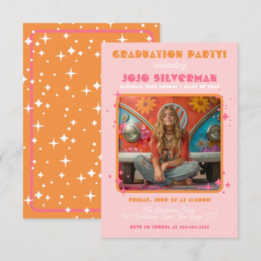Invitation Retro Hippie Photo Graduation Party Rose orange (Devant / Derrière)