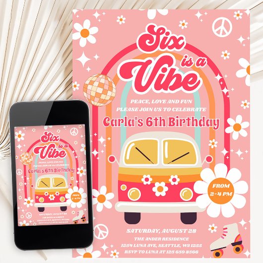 Invitation Retro Hippie Rainbow Six Is A Vibe 6th Birthday
