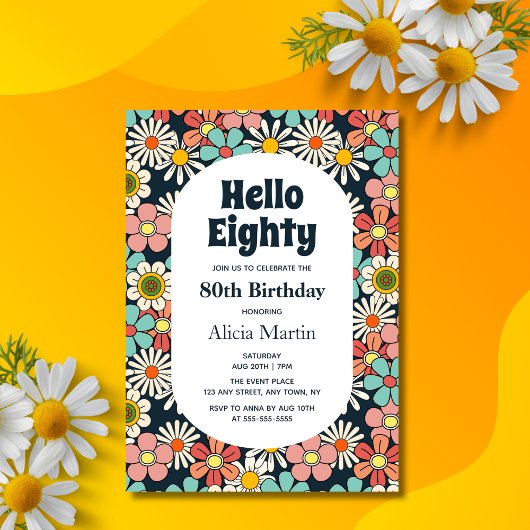 Invitation Retro Hippie Super Fleur Bonjour Quatre-Vingt Anni