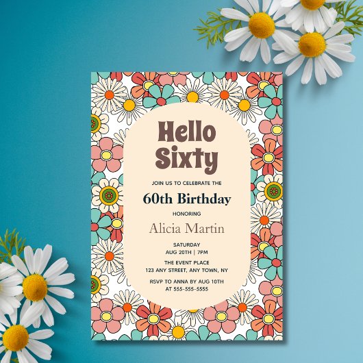 Invitation Retro Hippie Super Fleur Bonjour Soixante Annivers