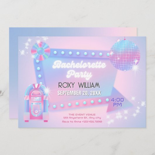Invitation Retro holo disco bacheloro fête (Devant / Derrière)