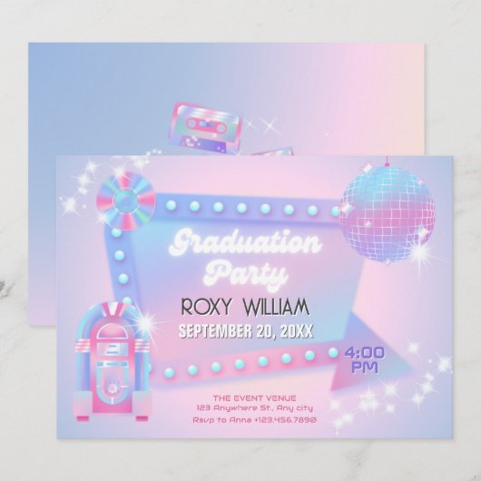 Invitation Retro Holo disco fête de graduation (Devant / Derrière)