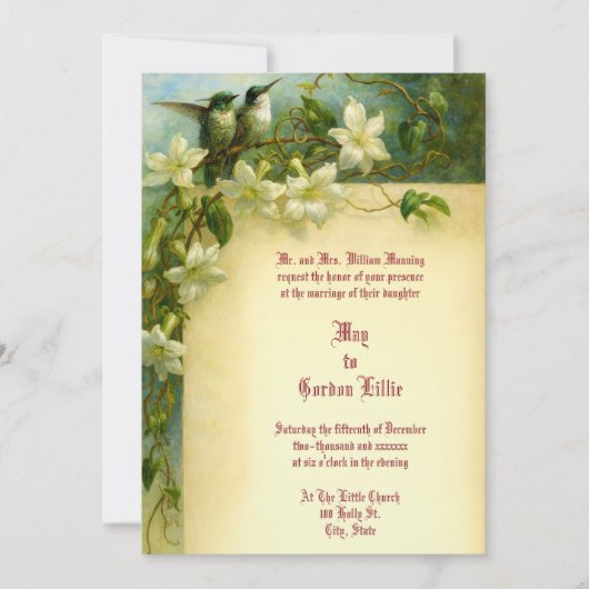 Invitation Retro Hummingbird Pair Floral Wedding (Devant)