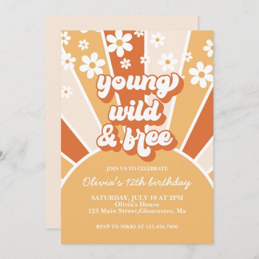 Invitation Rétro Jeune Sauvage Libre Orange Brûlé Soleil Marg (Devant / Derrière)
