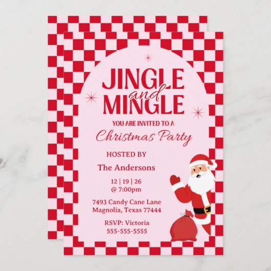 Invitation Retro Jingle And Mingle Christmas Checkerboard Red (Devant / Derrière)